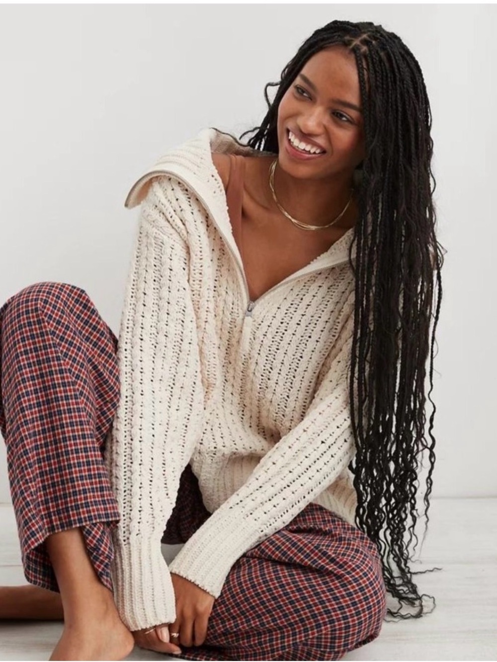 Aerie Cream Open-Knit Half-Zip Off-the-Shoulder Sweater